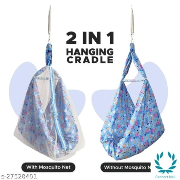 New Born Baby Cotton Hanging Cradle Jhula Jhoola Bed Bedding Set - 0-12 Months, Light Blue, Fabric Cradle Material: Cotton, Mousquito Net, Pack Of:1